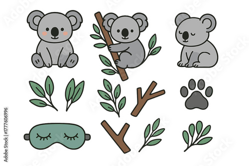 Cute cartoon koalas sitting and climbing on eucalyptus branches with leaves and a sleeping mask