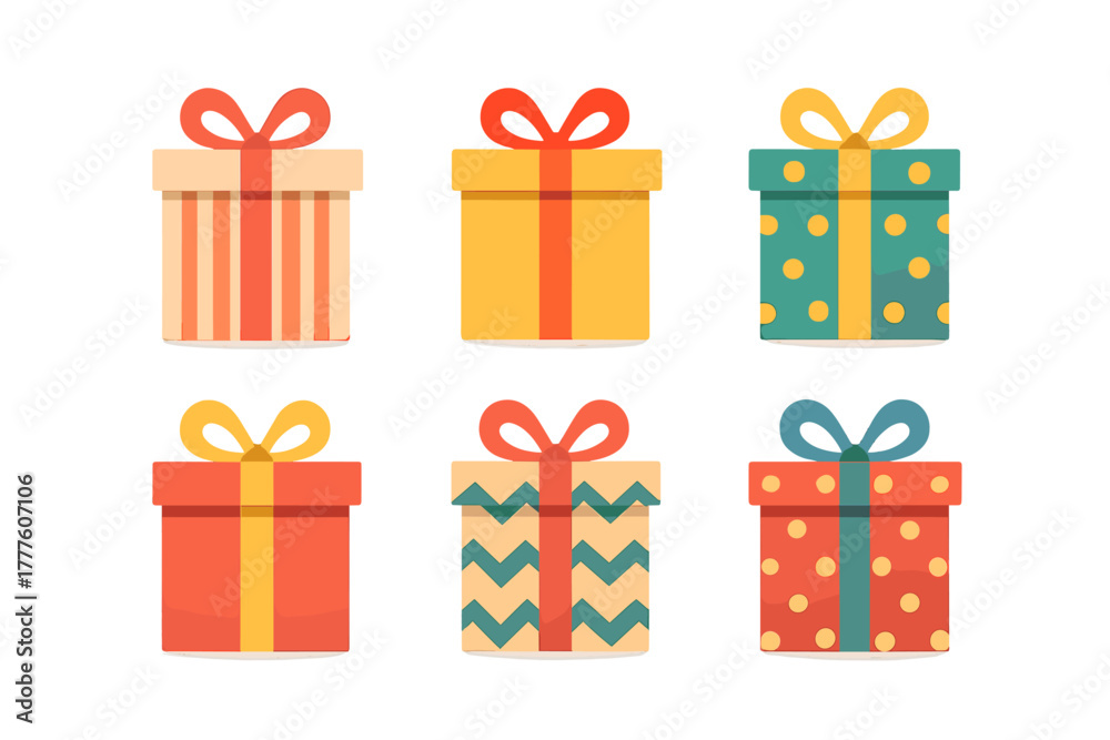 Fototapeta premium Collection of colorful wrapped gift boxes with bows and various patterns for celebration