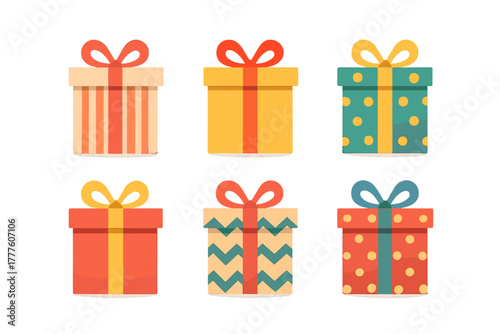 Collection of colorful wrapped gift boxes with bows and various patterns for celebration