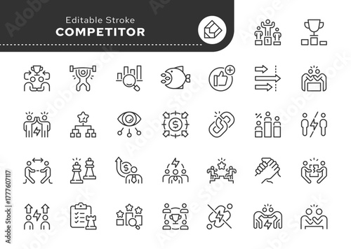 Competitor line icon set. Competition, opponent, market leader, strength, advantage, tournament, challenger, tug-of-war and more. Outline icon in linear style. Vector collection.