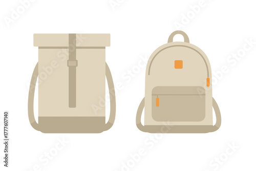 Minimalist set of two beige and khaki backpacks for travel, hiking, or school use
