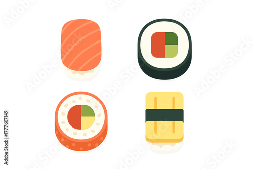 Stylized collection of four popular Japanese sushi pieces including salmon nigiri and maki rolls