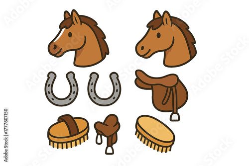 Horse heads, horseshoes, saddle, and grooming brushes for equestrian themes