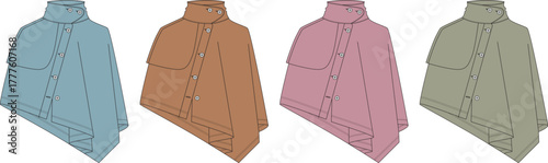 Conceptual illustration set of versatile hooded rain ponchos, featuring a multi-color array for modern outdoor protection and wet weather apparel design