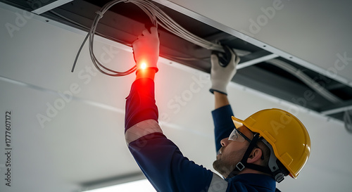 Electrician installing electrical cables in a suspended ceiling. Professional worker with hard hat and gloves performs wiring during construction.