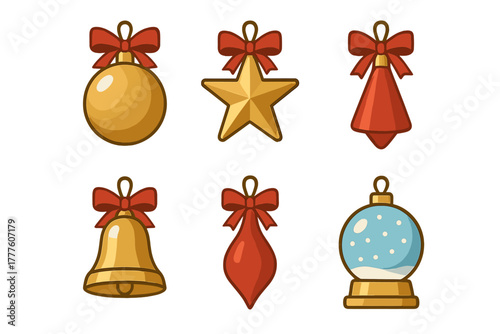 Festive Christmas decorations set featuring golden baubles star bells and a miniature snow globe