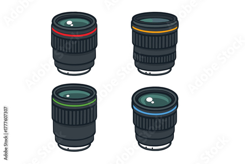 Four professional camera lenses with colored bands for digital photography equipment