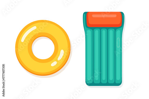 Bright yellow inflatable swimming ring and colorful air mattress for summer pool vacation