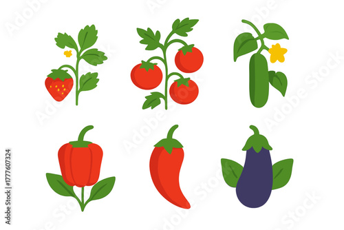 Set of fresh garden vegetables and fruits including strawberries tomatoes and peppers