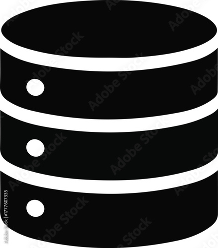 Database server icon in black silhouette, Black silhouette icon representing a database or data storage server, commonly used in technology, computing, and network interface designs.

