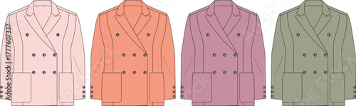 Stylish flat vector illustration of women's double-breasted blazers. Modern apparel collection in various vibrant colors, ideal for fashion projects