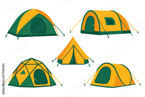 Diverse set of five colorful camping tents for outdoor recreation, travel, hiking, and adventure