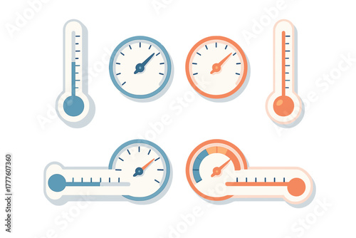 Collection of temperature gauges and thermometers indicating heat and cold levels