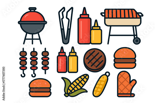 Essential barbecue and grilling items including cooking tools, food, and condiments