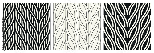 Vector seamless pattern set with geometric waves. Endless stylish texture. Ripple monochrome background. Linear weaved grid. Thin interlaced swatch.