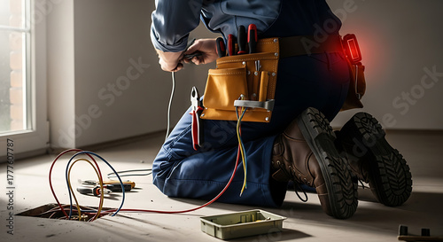 Professional electrician installing electrical wiring on a floor, connecting cables with tools on a construction site.