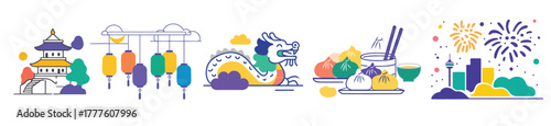 Asian oriental icon set with Chinese New Year symbols including lanterns, dragons, temples, and dumplings