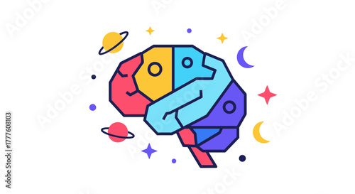 Stylized Human Brain with Planets and Stars Illustration.
