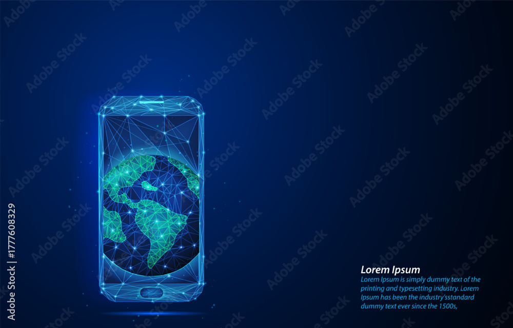 Fototapeta premium Low-poly wireframe smartphone with an earth polygonal network. Earth emerging from the screen, global world connectivity, communication, and mobile technology on a dark futuristic background.