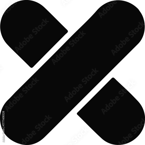 Minimalist black medical cross bandage icon, Simple black icon depicting a crossed adhesive bandage shape, representing healthcare, treatment, or medical aid in modern minimal style.

