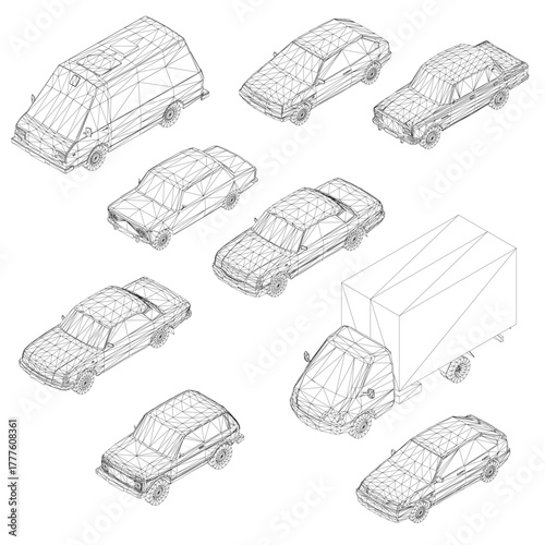Low poly cars in a grid arrangement feature unique designs and a gradient of light to dark colors. The wireframe details are clearly visible against the white background. Isometric view