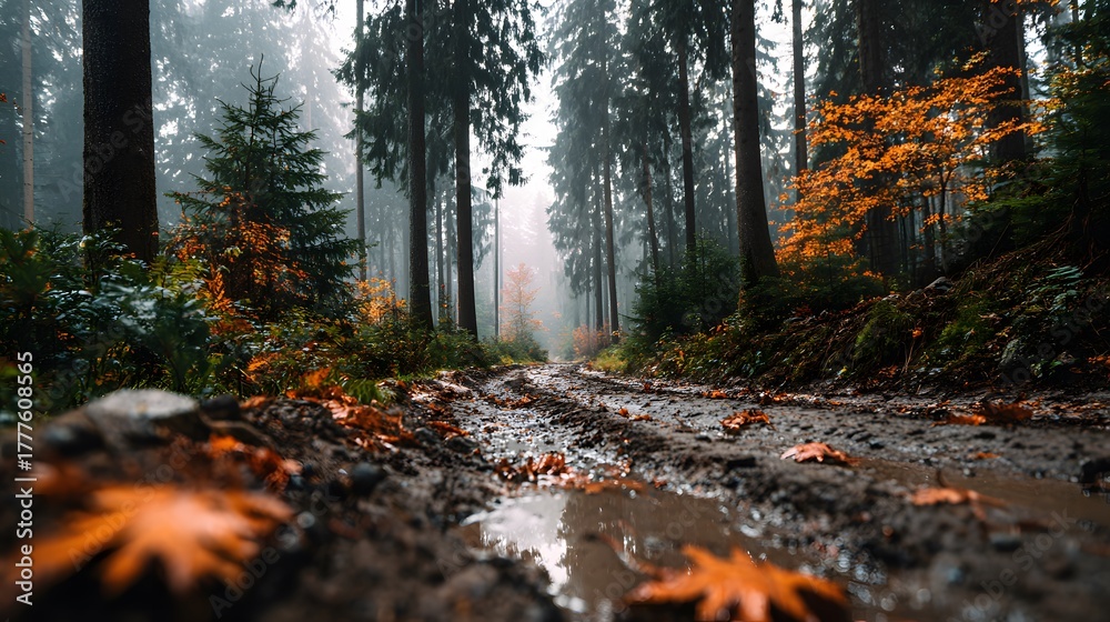 Naklejka premium Low-angle atmospheric shot captures a muddy track through a dense autumn forest with fallen leaves, as a gentle morning fog drifts past trees.