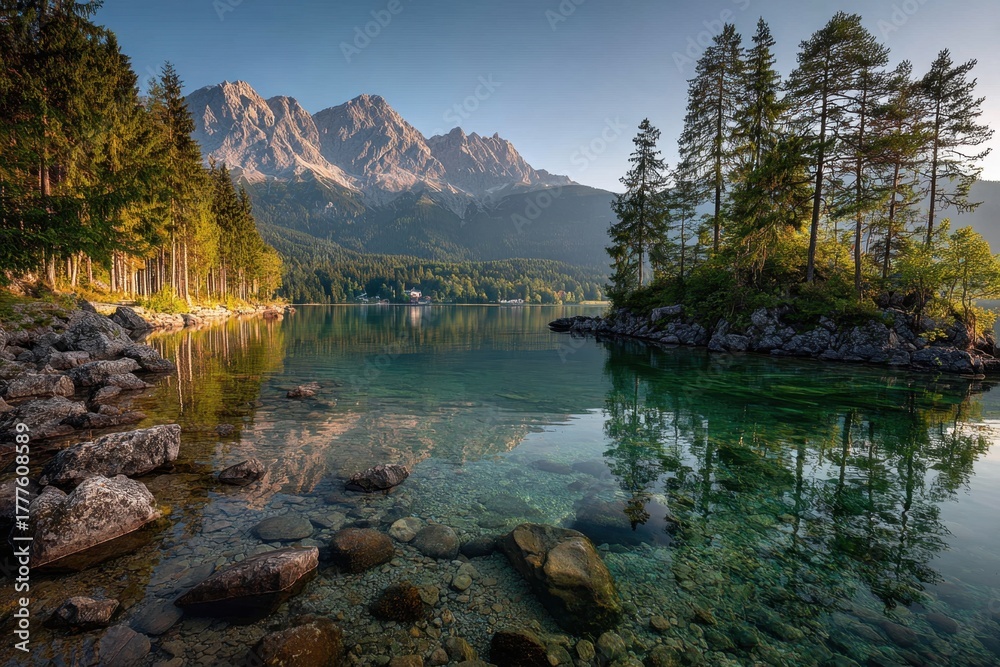Fototapeta premium Scenic eibsee lake view reflecting german alps mountains in bavaria at dawn