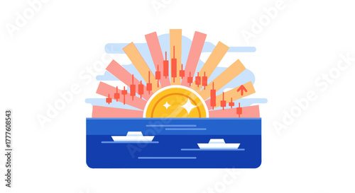 Sunrise over the ocean with ships and financial market data.