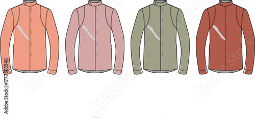 Technical flat sketch illustration of a long-sleeved sports jersey. A set of jockey silks or cycling tops in four color variations for apparel design