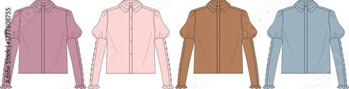 Four fashionable collared blouses in different pastel colors pink, light pink, brown, and blue