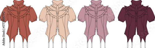 Collection of historically inspired elegant ruffled blouses in various warm color tones, showcasing a unique fantasy fashion garment design