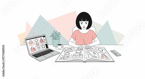 Designer Woman At Desk Reviewing Fashion Designs For Digital Store
