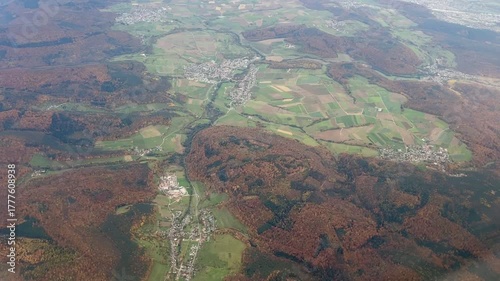 An aerial view of a contryside in autumn