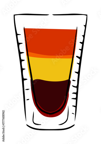 Illustration of a vibrant, layered cocktail in a clear glass, showcasing bold, distinct colors.