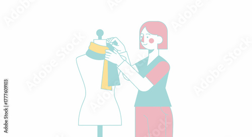 Fashion Designer Draping Scarf On Mannequin For New Collection