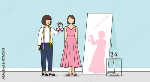 Fashion Designer Measures Woman In Pink Dress Fitting Room