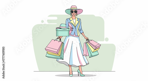 Fashionable Woman With Shopping Bags In Pastel Colors Illustration