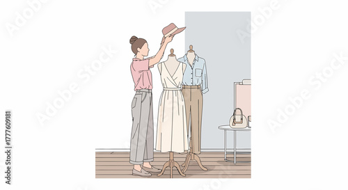 Fashion Designer Styling Mannequins With Hat In Fashion Studio