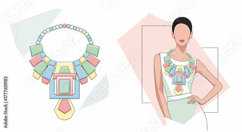 Geometric Jewelry Design Showcasing Colorful Necklace on Model Illustration