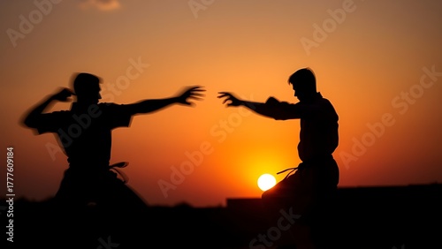 kungfu. Two martial artists in dynamic silhouettes against a sunset, capturing energy and movement in an abstract style. inspiring travel planning.