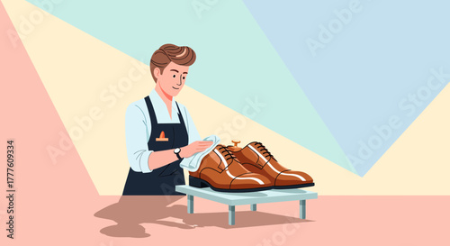 Professional Shoeshiner Gently Polishing Leather Footwear With Soft Cloth