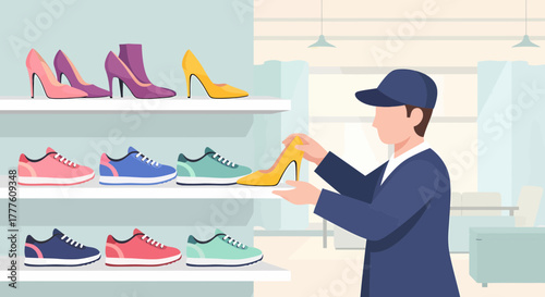 Salesman Arranging Fashionable Footwear On The Shelves At The Store