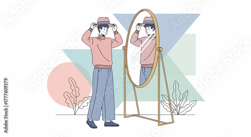 Stylish Gentleman Trying Hat On In Front Of Mirror Illustration