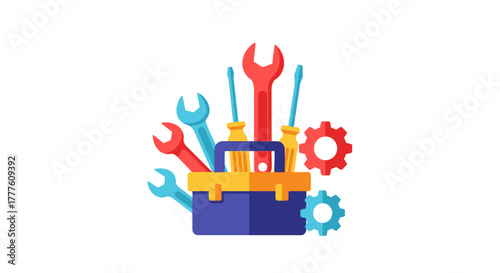 Toolbox with various tools for construction and repair work.