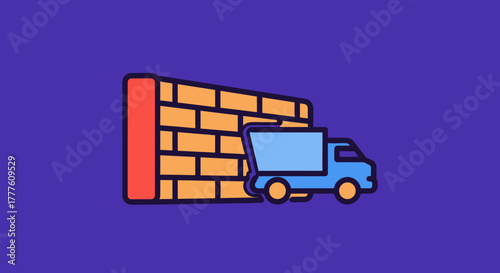 Truck passing through a brick wall, security concept.