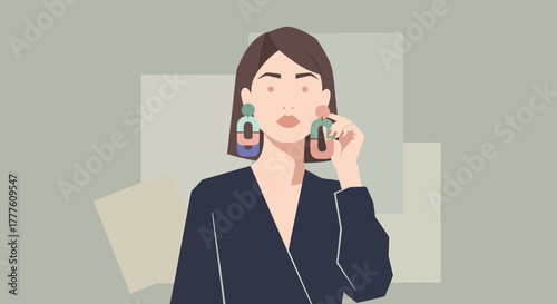 Stylish Woman With Geometric Earrings In Minimalist Style Design