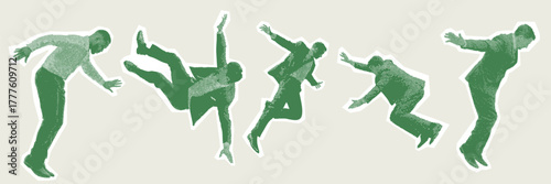 halftone artwork showing business people falling in motion representing failure and instability