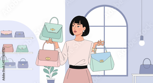 Woman Choosing Trendy Bags In Boutique Showroom