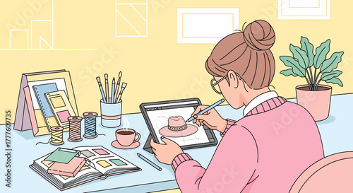 Woman Creating Digital Fashion Illustration On Tablet At Her Desk