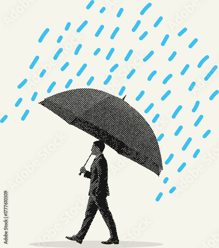 Halftone illustration of a businessman walking under an umbrella symbolizing protection, security, and resilience